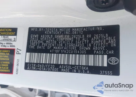 2012 Toyota Camry Se from USA, damaged, VIN 4T1BF1FK2CU154305